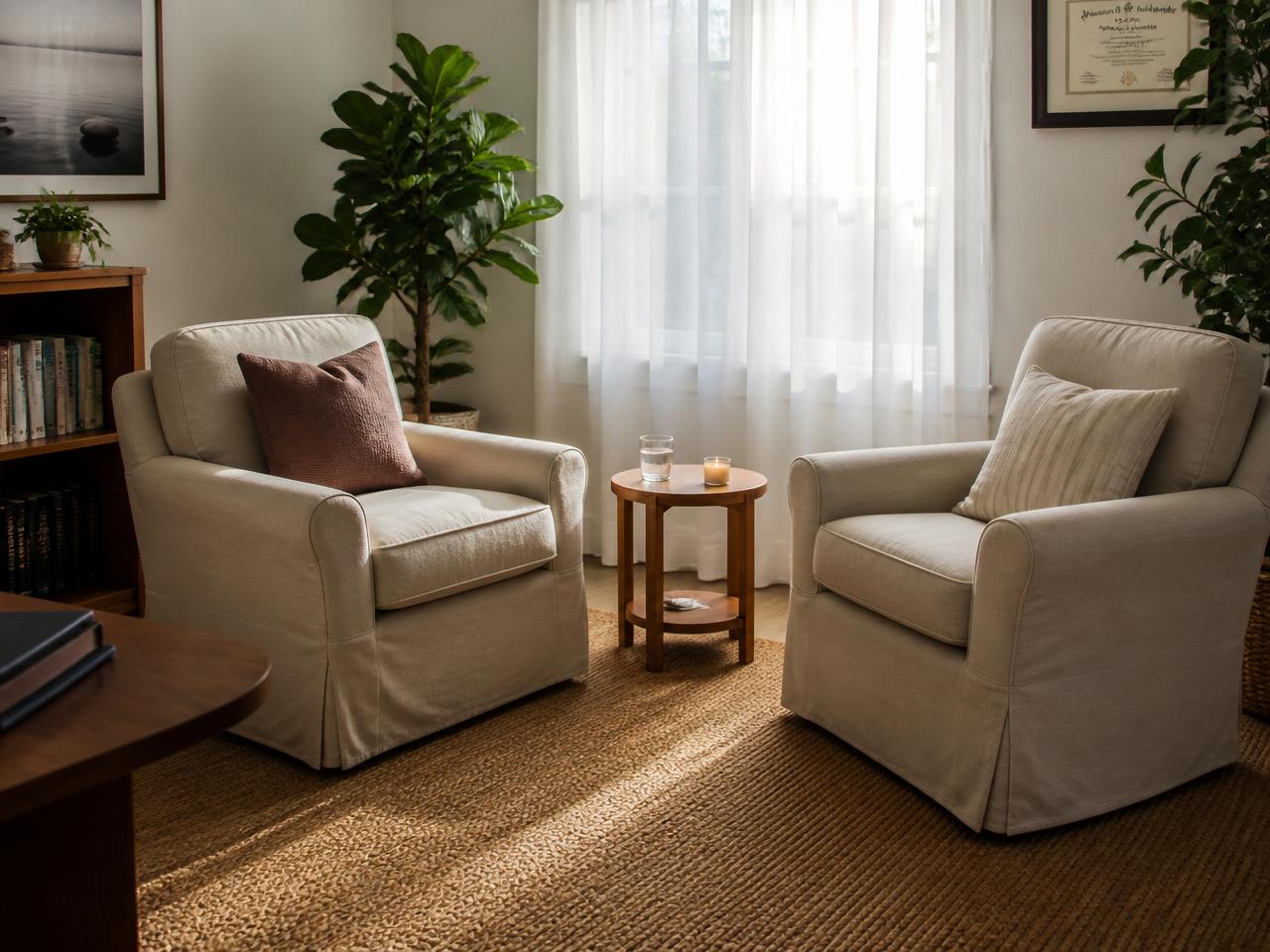 A calm, sunlit therapy room with two empty linen armchairs — a space made for you.